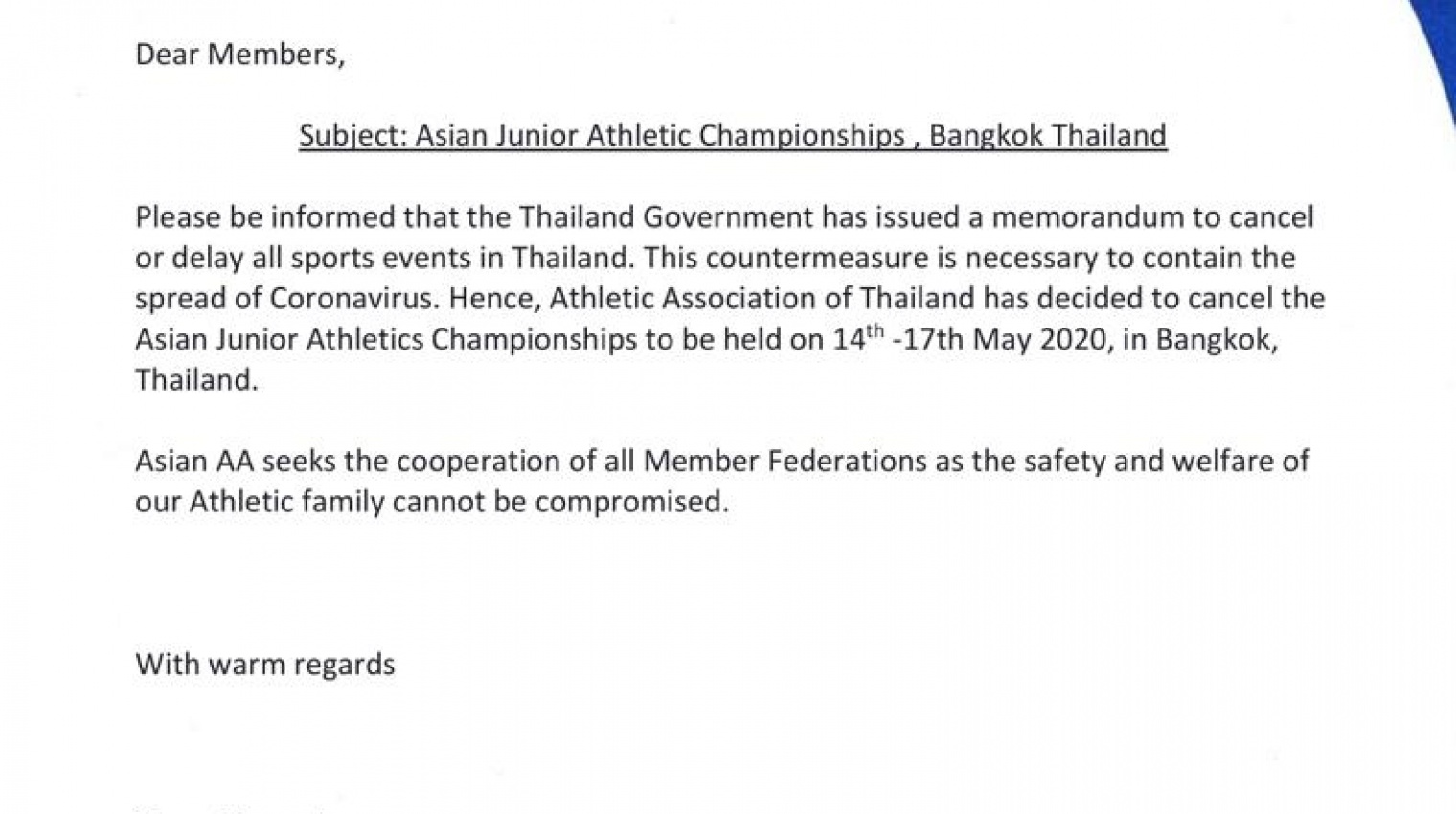 Коронавирус: Легкоатлетическая Ассоциация Тайланда отменила Чемпионат Азии среди юниоров